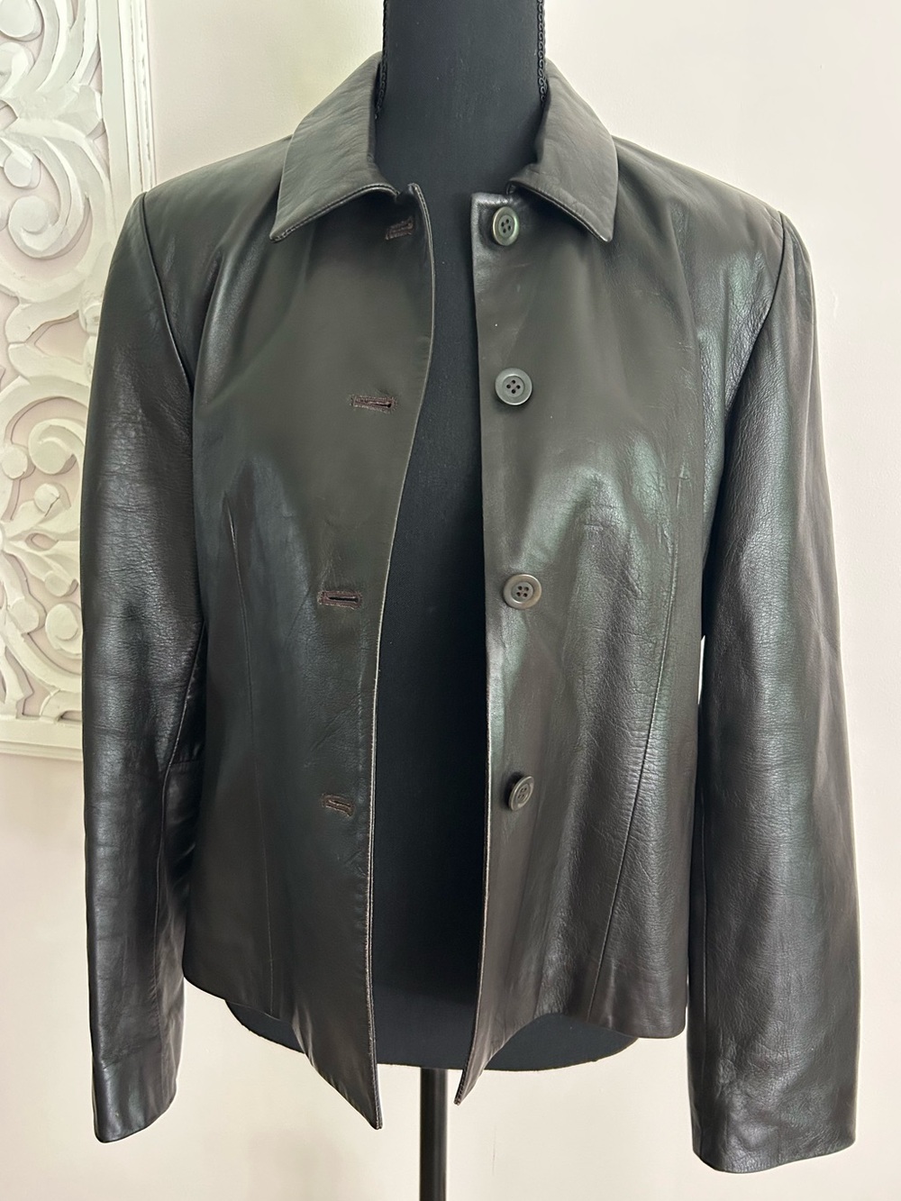 Jones New York Black Leather Button-Front Jacket